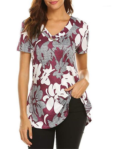

fashion floral print womens female clothing loose v neck print long womens tshirts short sleeve, White