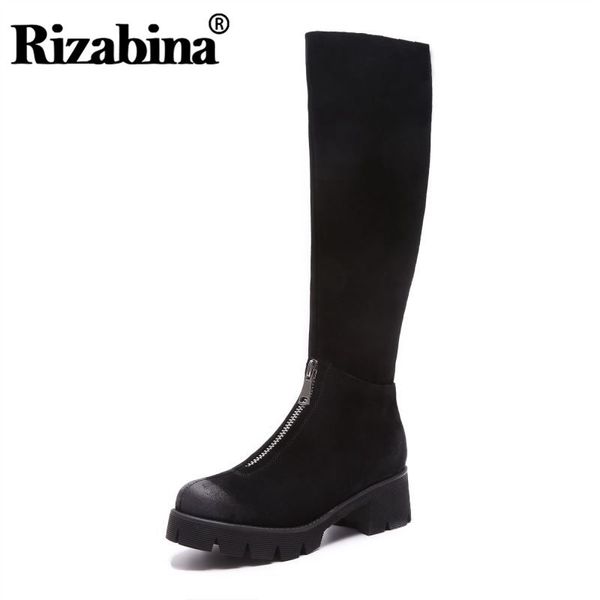 

rizabina марка обувь женщины корова замша сапоги круглый носок толстый каблук платформы мотоцикл сапоги черный прохладный молнии размер 33-4, Black