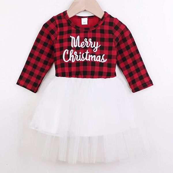 

girl's dresses christmas toddler kid baby girl clothes long sleeve plaid mesh yarn stitching dress party tutu sundress 6m-4y, Red;yellow