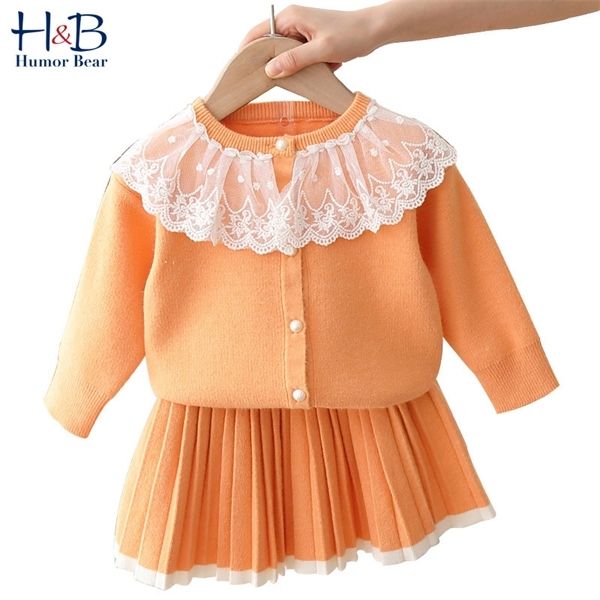 

humor bear girls clothes suit autumn winter new lace doll collar sweater+pleated skirt sets baby kids children girls clothing 0926, White