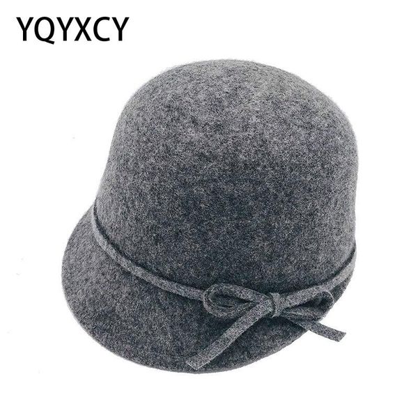 

stingy brim hats wool fedora hat autumn winter for women ladies knot bow vintage round chapeau femme black british, Blue;gray