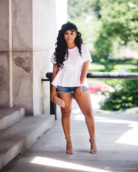 

crew neck short sleeve clothing summer designer shirt womens summer back hollow blouse girl irregular candy color, White