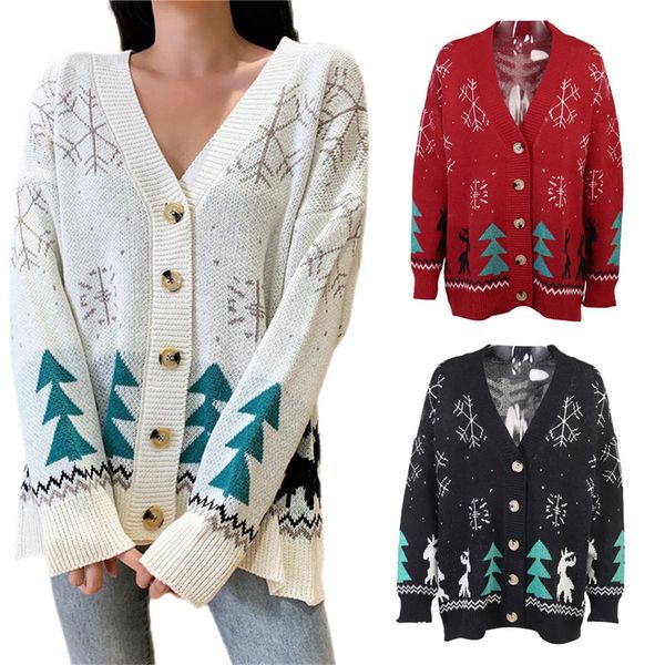 

мультфильм женщина рождество свитер осень зима elk снежинка печать v-образный вырез с длинным рукавом кардиган кнопка свитер для женщин, White