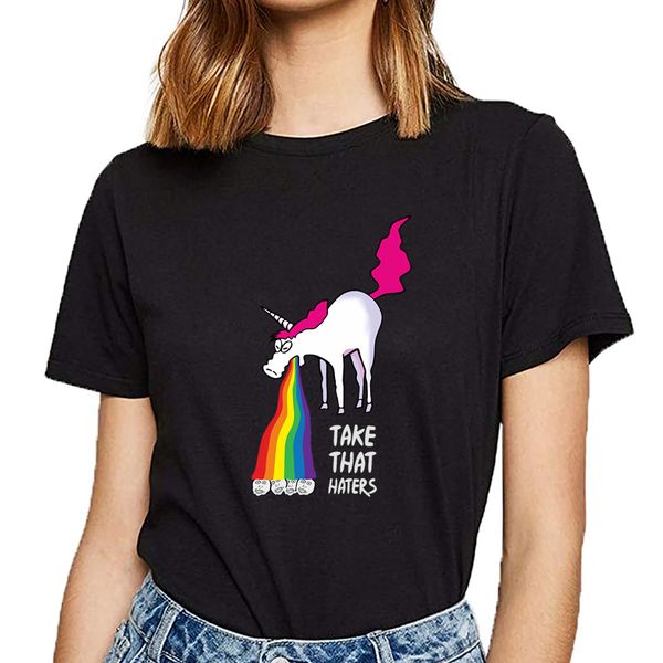 

топы t shirt женщины unicorn рвет радуги такт, что ненавистники повседневный черный пользовательские женский tshirt