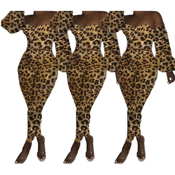 

slash neck leopard printed fashion suits puff sleeve hollow out trousers suits womens clothing 2 piece set, White