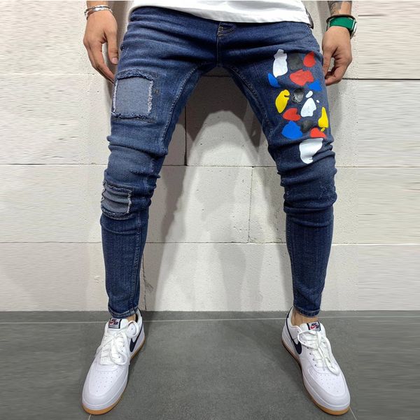

men's jeans mens hole patch skinny fashion printed ripped slim denim pants for men 2021 man hip hop small foot jean trousers, Blue