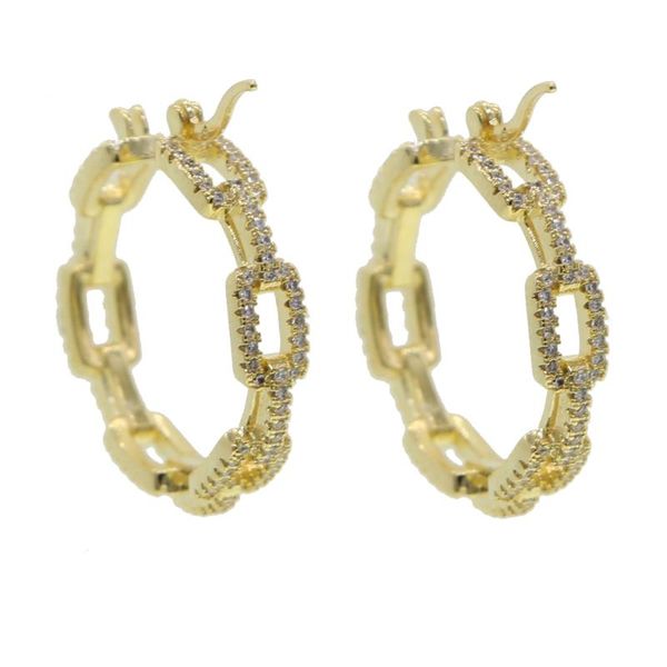 

gold clear rainbow cubic zirconia paved open link chain circle hoop 2020 new rock punk cz cuban chain hoop earring, Golden;silver