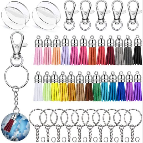 

acrylic transparent disc sets, 10 circular acrylic keychain blanks, 100 leather tassel pendants, for diy item crafts, Silver