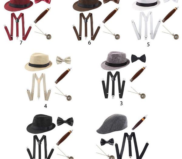 

1920s mens cosplay gangster costume accessories set manhattan hat suspenders pre-tied bow tie fake plastic pocket watch, Black;gray