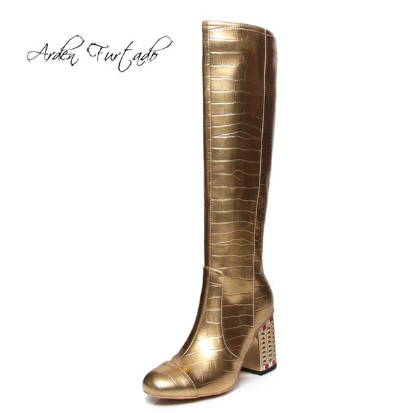 

arden furtado fashion women's shoes winter square head chunky heels zipper elegant ladies gold white boots crystal heels 43, Black