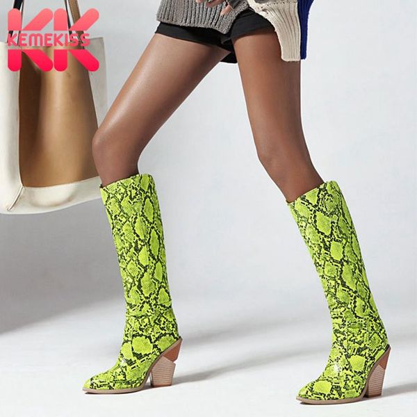 

boots kemekiss plus size 33-46 knee high for women snakeskin print wedges shoes pointed toe slip on party female footwear, Black