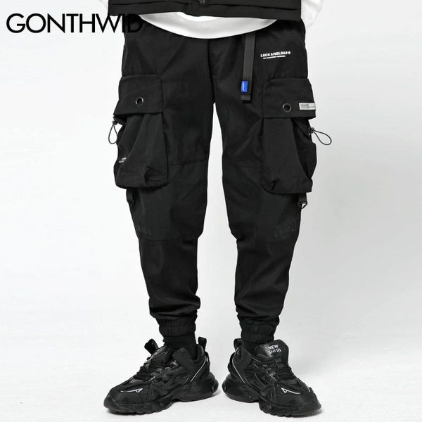 

gonthwid belt mulit pockets cargo joggers jeans reflective harem pants streetweat men hip hop casual harajuku loose trousers, Black