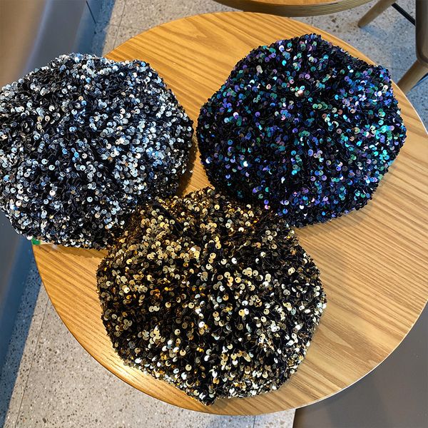 

hat female octagonal hat korean fashion cool retro beret casual fashion painter cap autumn and winter all-match sequins, Blue;gray