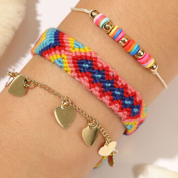 

3pcs/set bohemian ethnic cotton rope handmade weave geometric pattern charm bracelets for women boho gold heart chain bracelet, Golden;silver