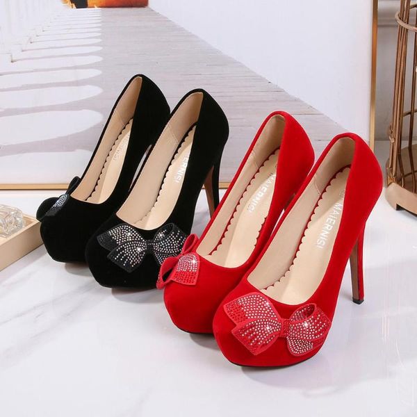 

high heels platform pumps flock rhinestone bow ladies shoes wedding dress shoes elegant stiletto for women plus size 35-46, Black