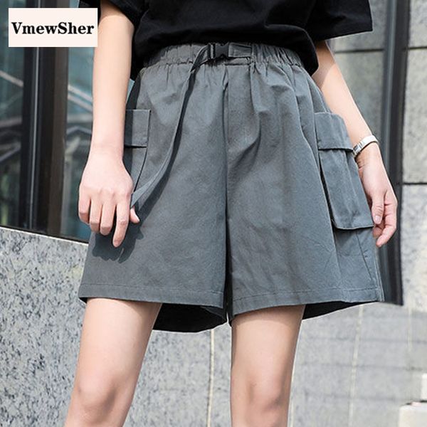 

vmewsher new casual cotton shorts women cargo short elastic waist female wide leg loose belt buckle pockets shorts summer 2020, White;black