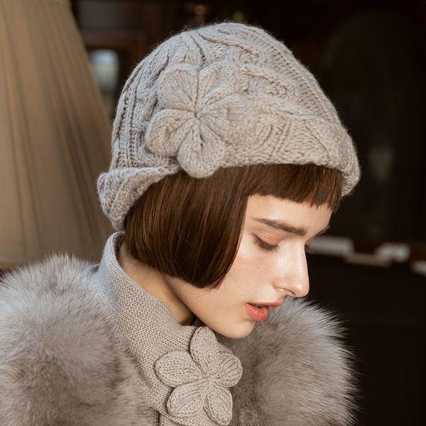 

x032 handmade knitted cashmere hat autumn and winter women's retro british hats flower woolen cap adjustable beret hat, Blue;gray