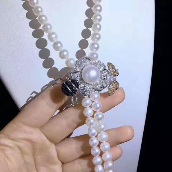 

hand knotted 8-9mm white natural freshwater pearl bee micro inlay zircon accessories tassel sweater chain necklace 120-122cm, Silver