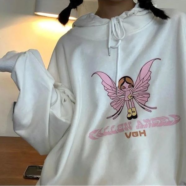 

womens loose butterfly print streetwear sweatshirts hoodies women hooded kawaii harajuku oversize pullovers korean y2k, Black