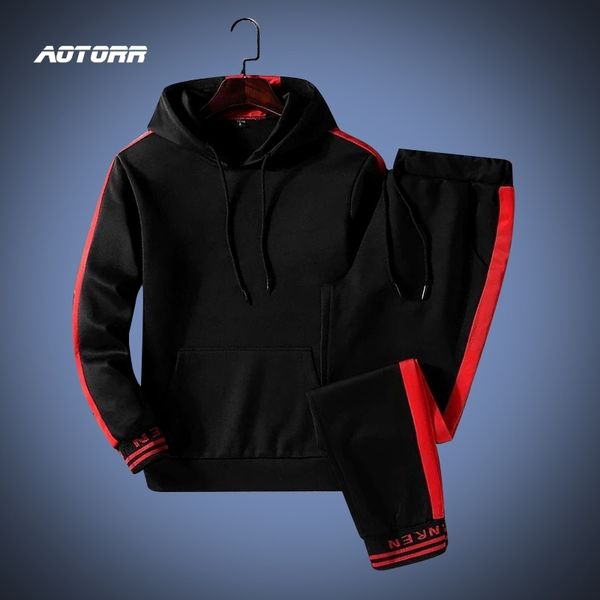 

tracksuit men sportswear suit autumn winter hooded pullover sweatshirt gyms outfit hoodies sweatpants male 2 piece set 2020, Black