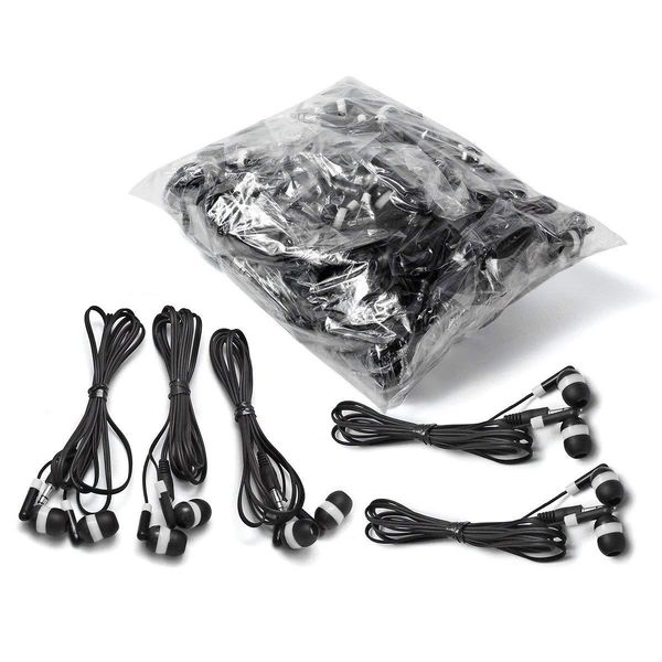 

wholesale kids bulk earbuds headphones earphones 100 pack black color for schools, libraries, hospitals individually bagged