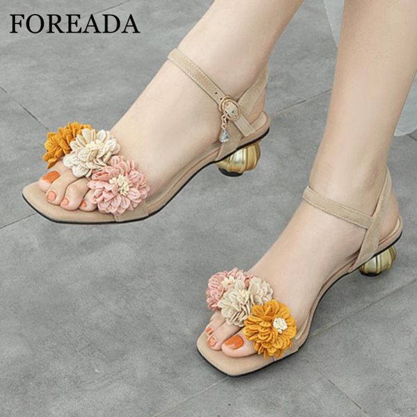 

foreada woman real leather strange style mid heel sandals flower square toe shoes kid suede lady party sandals summer blue 43, Black