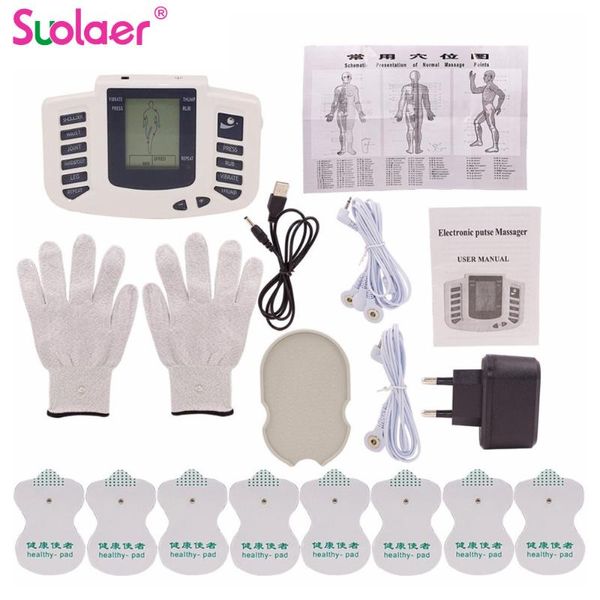 

russian/english button electrical stimulator full body relax muscle therapy massager pulse tens acupuncture + gloves & 16 pads