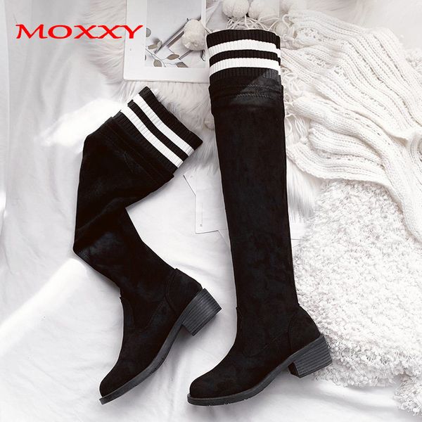 

теплый меха сапоги зимние женщины 2020 sexy высокие сапоги квадратный каблук длинный носок обувь женщина черный плюшевый над коленом, Black