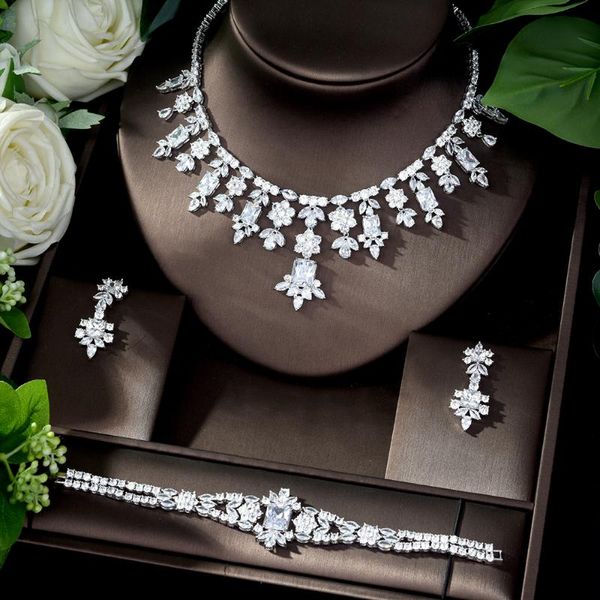 HIBRIDE Exklusives Dubai-Schmuckset mit Goldplatte, luxuriöses Zirkonia-Halsketten-Ohrring-Armband, Party-Schmuckset für Frauen SS09