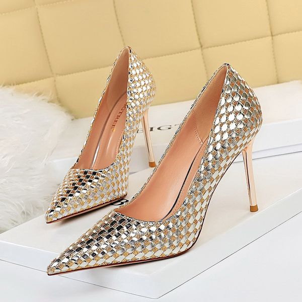 

european and american-style nightclub slimming high-heeled shoes thin heeled high-heeled shallow mouth pointed woven sequined shoes, Black