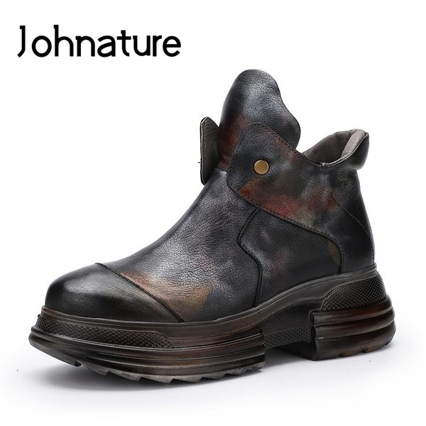 

johnature retro 2020 новая осень зима платформа сапоги из натуральной кожи zip женская обувь круглый toe клинья ручной работы ботильоны, Black
