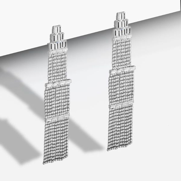 

big long bright crystal drop earrings for women unique pinch rhinestone layers statement hanging earrings korea wedding jewelry, Silver