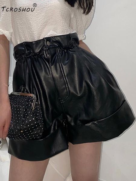 

black elastic high waist pocket curled pu leather wide leg shorts ladies autumn new fashion all-match personality, White;black