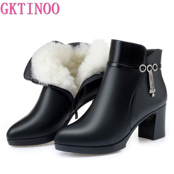 

gktinoo winter warm fur ankle boots for women thick heel wool snow boots quality genuine leather high heel warm shoes women boot, Black