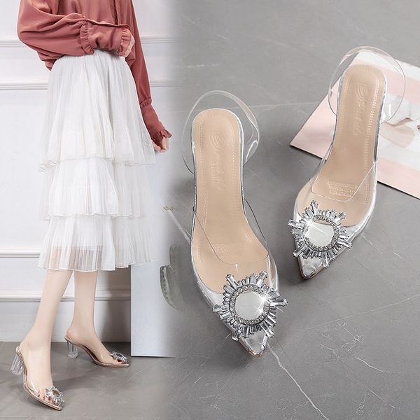 

clear heels 2020 summer women sandal fashion crystal pvc transparent women mules slides elegant sandal wedding shoes bridal, Black