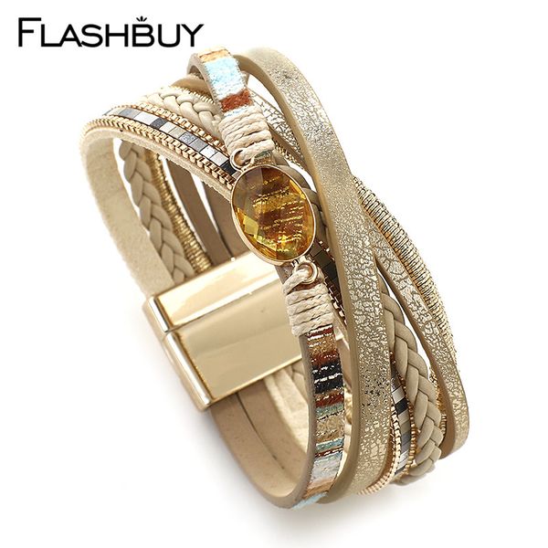 

flashbuy boho splice multilayer leather bracelets for women trendy crystal metal charm cross wrap bracelet boho female bangles, Golden;silver