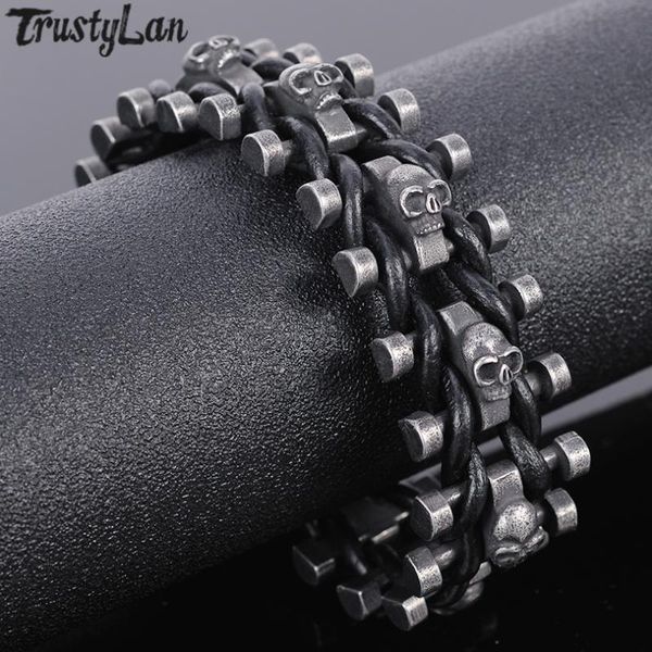 

link, chain stainless steel & leather skull man bracelet male jewelry drop, Black