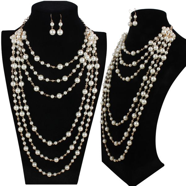 

elegant man-made pearl long necklace multi-layer necklace female accessories for bride fashion, Silver
