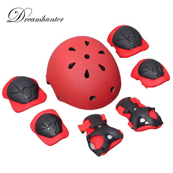 

elbow & knee pads 7pcs/set children's wrist protective gear set hand guards protector steel helmet skating skateboard roller, Black;gray