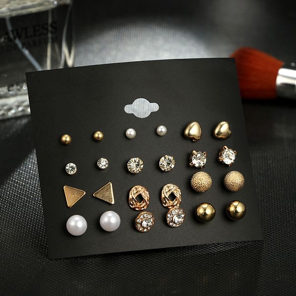

stud 12 pcs/set crystal alloy round ball gold color earrings vintage silver simulated pearl earring set for women brincos, Golden;silver