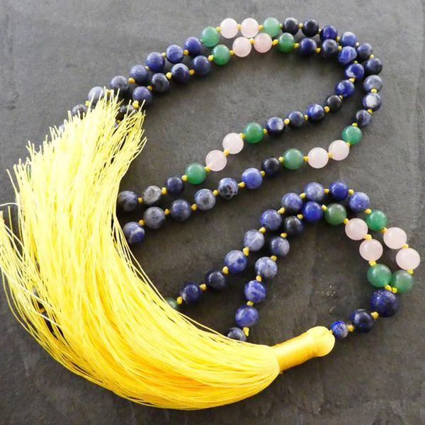 

chains 8mm sodalite green adventurine knotted mala necklace 108 beads with yellow tassel chakra jewelry yoga gift for him, Silver