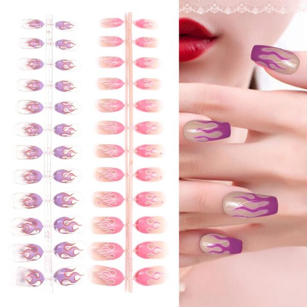 

24pcs/lot punk glitter fire flame fake nails matte design long coffin head full cover nail tips professional nail art decoration, Red;gold