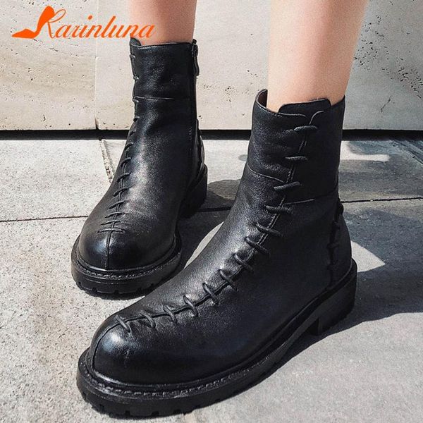

boots karin qaulity large size 34-42 genuine leather sheep skin ankle female round toe square thick heels solid shoes, Black