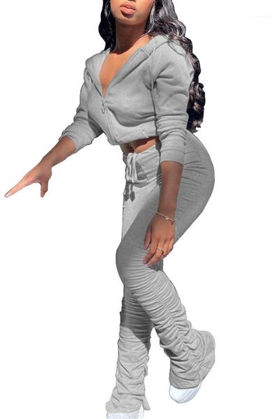 

hooded long sleeve short slim stacked pants ladies clothing suit women stacked two piece pants zipper, White
