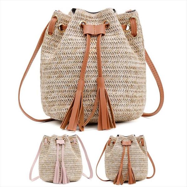

vintage fashion small women woven rattan straw bucket bag handbag tassel drawstring shoulder bag messenger crossbody bags purses