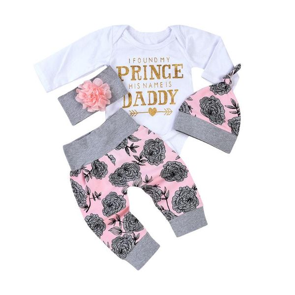 

roupas infantis outfit toddler newborn baby girls letter rompers jumpsuit flowers pants 4pcs outfit set kids clothing gh, White