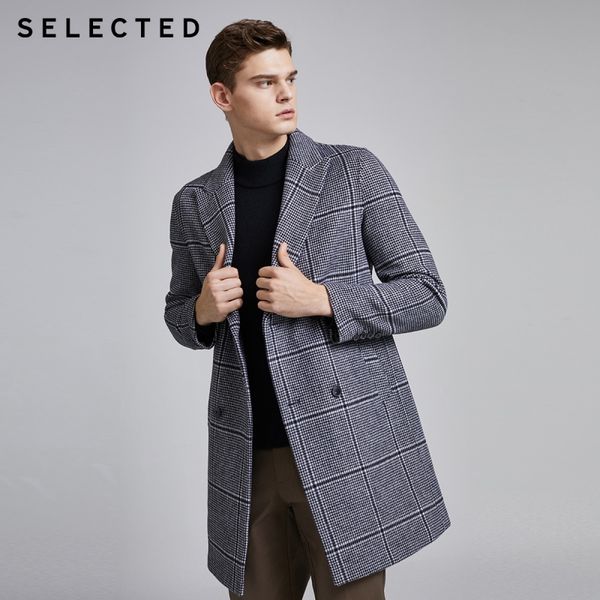 

men's woolen plaid mid-length double-faced check wool coat s|419427534, Black