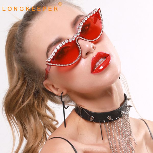 

luxury diamond cat eye sunglasses women crystal frame sun glasses ladies vintage rhinestone eyewear red feminino, White;black