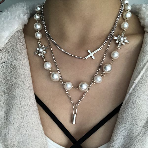 

pentagram star cross pearl necklace hipster student clavicle chain gift for lover, Silver