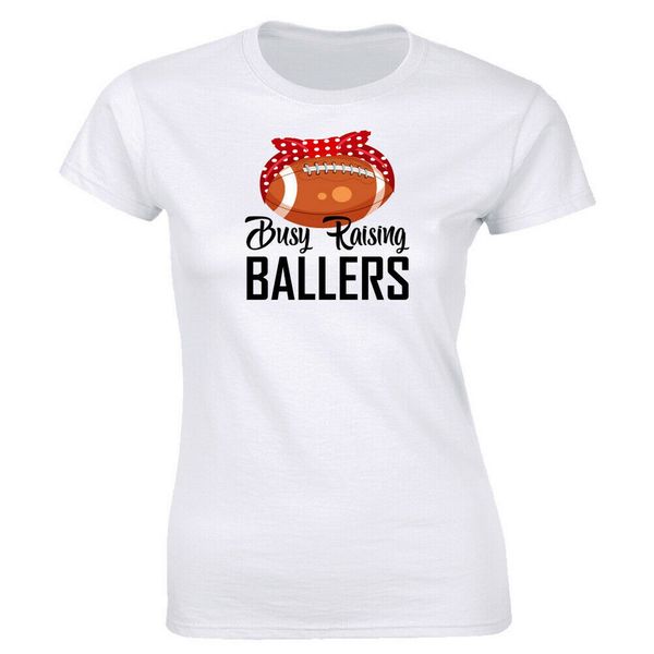 

busy raising ballers with red polka dot ribbon women's t-shirt football mom tee style tee shirt